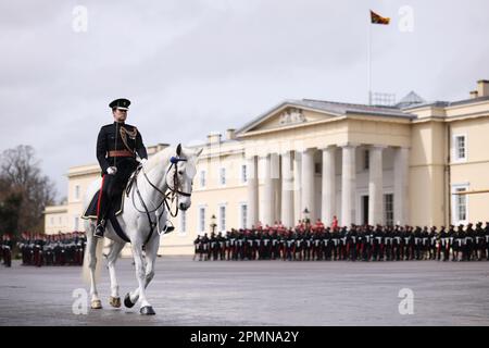 King Charles III attends the 200th Sovereign's Parade at the Royal Military Academy Sandhurst (RMAS) in Camberley. Picture date: Friday April 14, 2023. Stock Photo