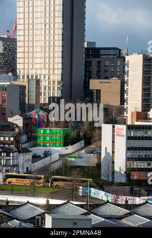 Yorkshire, UK – 27 Dec 2020: Sheffield Hallam University and Now Then buildings viewed from across the city Stock Photo