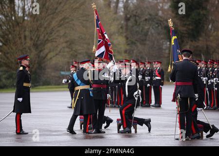 King Charles III attends the 200th Sovereign's Parade at the Royal Military Academy Sandhurst (RMAS) in Camberley. Picture date: Friday April 14, 2023. Stock Photo