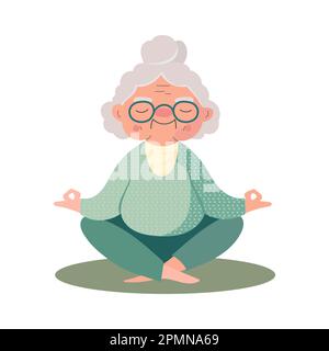 Illustration of senior woman practicing yoga exercises. Healthy lifestyle. Cute grandmother in lotus position. Vector on white Stock Vector