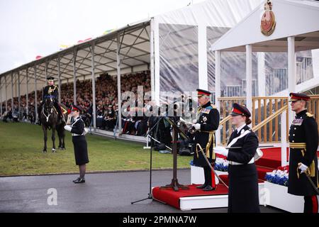 King Charles III delivers a speech as he attends the 200th Sovereign's Parade at the Royal Military Academy Sandhurst (RMAS) in Camberley. Picture date: Friday April 14, 2023. Stock Photo