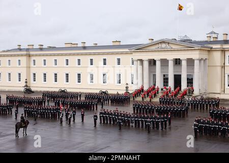 King Charles III attends the 200th Sovereign's Parade at the Royal Military Academy Sandhurst (RMAS) in Camberley. Picture date: Friday April 14, 2023. Stock Photo