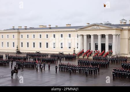 King Charles III attends the 200th Sovereign's Parade at the Royal Military Academy Sandhurst (RMAS) in Camberley. Picture date: Friday April 14, 2023. Stock Photo