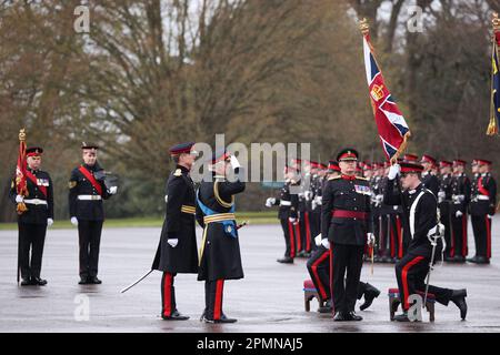 King Charles III attends the 200th Sovereign's Parade at the Royal Military Academy Sandhurst (RMAS) in Camberley. Picture date: Friday April 14, 2023. Stock Photo