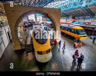 General image inside the National Railway Museum in York seen here overlooking the great hall that features two of the Inter-City 125 diesel trains Stock Photo