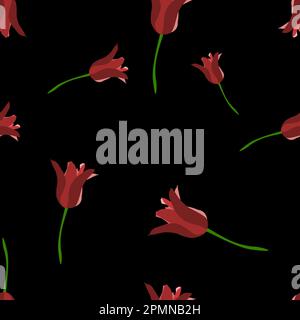 Seamless vector pattern: a red tulip with a black background. With colors red, orange, green and black. Stock Vector