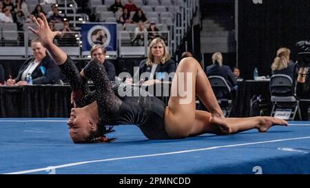 Fort Worth, USA. 13th Apr, 2023. The University of Utah's Maile O'Keefe tied for fourth in the Semi-Finals floor exercise competition with a score of 9.950, but won the Semi-Finals All-Around and helped her team progress to the Finals at the 2023 NCAA Women's Gymnastics Championships in Dickie's Arena, Fort Worth, Texas, on April 13, 2023 (photo by Jeff Wong/Sipa USA). Credit: Sipa USA/Alamy Live News Stock Photo