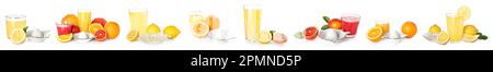 Set of juicers, beverages and different citrus fruits on white background Stock Photo