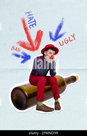 Vertical creative collage young man suffer alcohol addiction sit big bottle people harassing him picture background Stock Photo