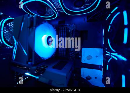 An abstract image of a personal computer from the inside with cooling and LED illumination Stock Photo
