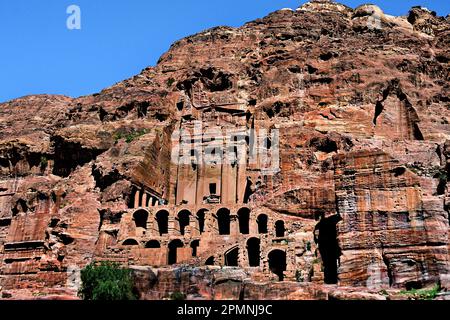 Urn Tomb (The Court),  Tomb Petra city Nabataean caravan-city rock-cut façades Jordan carved sandstone rock desert. Stock Photo