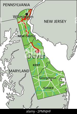 High detailed Delaware physical map with labeling. Stock Vector