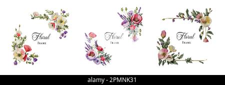 Floral frame set collection with poppies and lavender flowers, elegant watercolor decorations  for wedding invitations, mugs, gift bags, napkins, holi Stock Vector