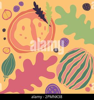 Hand drawn still life with different fruits on yellow background. Vector illustration Stock Vector