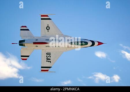 An US Air Force Thunderbird performs at the 2023 Thunder and Lightning Over Arizona at Tucson, Arizona. Stock Photo