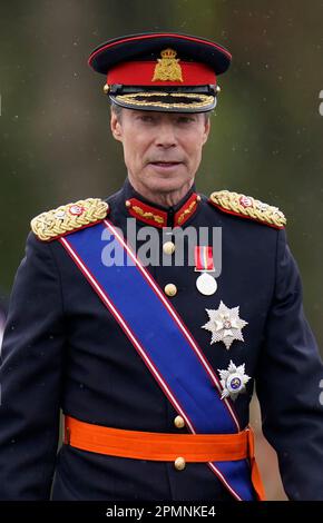 Henri, Grand Duke of Luxembourg, arrives for the 200th Sovereign's Parade at the Royal Military Academy Sandhurst (RMAS) in Camberley, Surrey. Picture date: Friday April 14, 2023. Stock Photo