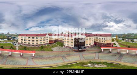 360 degree panoramic view of aerial full seamless spherical hdri 360 panorama view above over a medieval castle with columns and historic buildings in equirectangular projection.