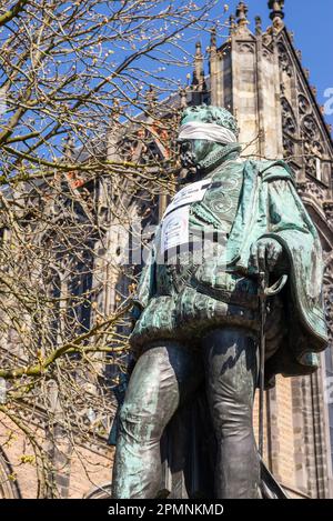 02 April 2023, Utrecht, Netherlands, Climate activists blindfold Jan Van Nassau statue as well as  statues across the country, calling it 'Statue Sund Stock Photo