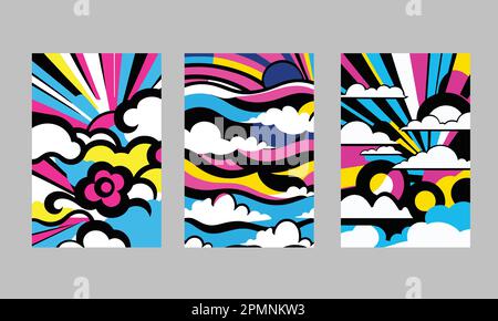 Pop art vintage sky illustration, cartoon retro colorful superhero cover with cool funny clouds Stock Vector