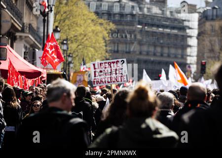 Paris, France. 13th Apr, 2023. A placard is seen during the rally. New wave of protests on the 12th day of the general strike over the Macron government's new pension reform, before crucial court decision on the legislation of the Constitutional Council. Credit: SOPA Images Limited/Alamy Live News Stock Photo