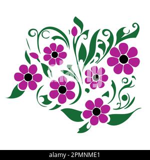 Wild daisy purple flowers, beauty flat vector flowers with leaves. Summer, spring, wedding graphic elements Stock Vector