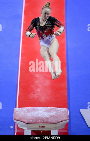 Antalya, Turkey. 14th Apr, 2023. Belgian Lisa Vaelen pictured in action at the vault during the vault event, in the women all around final, on the fourth day of the European Championships Gymanstics in Antalya, Turkey, Friday 14 April 2023. The EC are taking place from 11 to 16 April 2023. BELGA PHOTO LAURIE DIEFFEMBACQ Credit: Belga News Agency/Alamy Live News Stock Photo