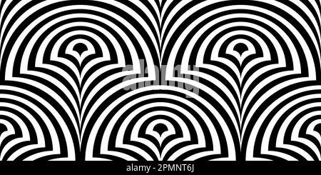 Seamless trippy psychedelic vintage mid century modern geometric striped semi circle pattern. Bold black and white retro surreal lines. Optical illusi Stock Photo