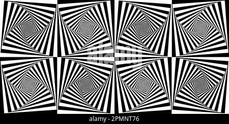 Seamless trippy psychedelic vintage mid century modern geometric striped semi circle pattern. Bold black and white retro surreal lines. Optical illusi Stock Photo