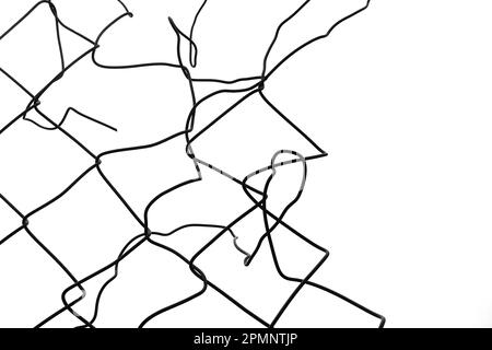 Tangled distorted wires damaged chainlink fence detail isolated on white background. Stock Photo