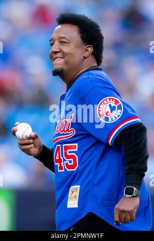 TORONTO, ON - APRIL 12: Legendary Montreal Expos pitcher Pedro Martínez  (45) shakes hands with Toronto Blue Jays First base Vladimir Guerrero Jr.  (27) before the MLB baseball regular season game between