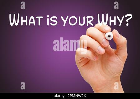 Hand writing existential question What is your Why. Concept about living on purpose and the meaning of life. Stock Photo