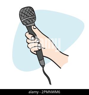 closeup hand holding microphone illustration vector hand drawn isolated on white background line art. Stock Vector