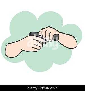 closeup hand holding pistol illustration vector hand drawn isolated on white background line art. Stock Vector