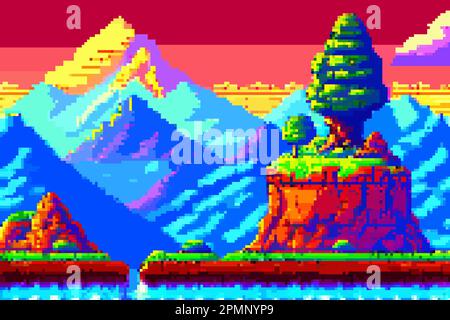 Landscape 8bit pixel art. Summer natural landscape mountain Stock Vector