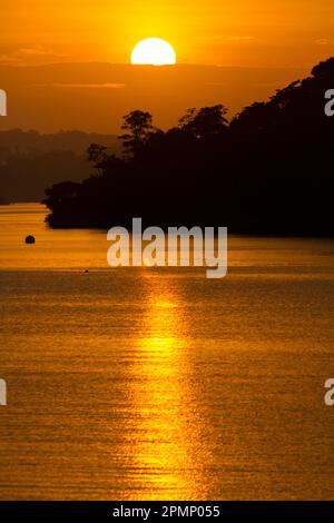 Golden sunrise over Barro Colorado Island in Gatun Lake of the Panama Canal; Panama Stock Photo