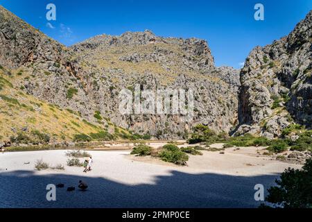 Magnificent Valley in Sa Calobra: Rocky Mountains and a Beautiful Beach Stock Photo