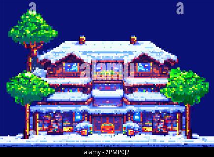 8 bit pixel ski winter resort tourist base chalet house vector Stock Vector