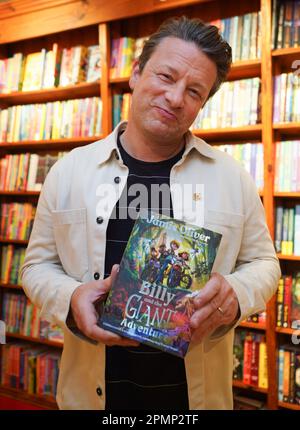 Jamie Oliver at his local independent bookshop, Harts in Saffron Walden, Essex, to promote his new book Billy and the Giant Adventure. Picture date: Friday April 14, 2023. Stock Photo