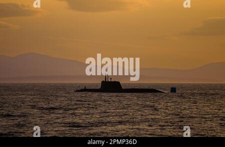 A surfaced Astute class nuclear powered hunter killer submarine of the