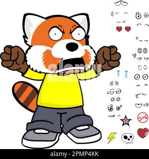 angry red panda kid character cartoon clothing, expressions pack in vector format Stock Vector