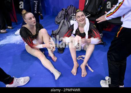 Antalya, Turkey. 14th Apr, 2023. Belgian Lisa Vaelen and Belgian Maellyse Brassart pictured after the women all around final, on the fourth day of the European Championships Gymanstics in Antalya, Turkey, Friday 14 April 2023. The EC are taking place from 11 to 16 April 2023. BELGA PHOTO LAURIE DIEFFEMBACQ Credit: Belga News Agency/Alamy Live News Stock Photo