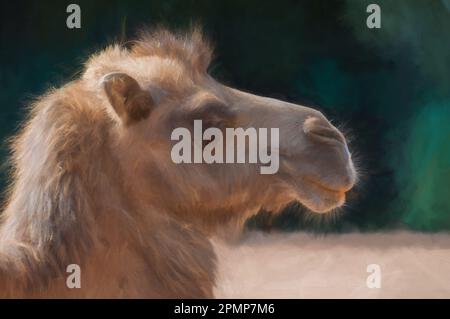 Digital painting of a close-up image of a captive Bactrian camel at zoo, with a blurred background. Stock Photo