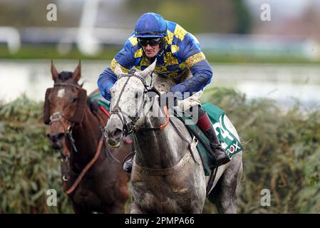 Bill Baxter ridden by jockey Sam Twiston-Davies on their way to winning the Randox Supports Race Against Dementia Topham Handicap Chase during day two of the Randox Grand National Festival at Aintree Racecourse, Liverpool. Picture date: Friday April 14, 2023. Stock Photo