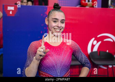 Antalya, Turkey. 14th Apr, 2023. UK gymnast Jessica Gadirova celebrates after winning the women all around final, on the fourth day of the European Championships Gymanstics in Antalya, Turkey, Friday 14 April 2023. The EC are taking place from 11 to 16 April 2023. BELGA PHOTO LAURIE DIEFFEMBACQ Credit: Belga News Agency/Alamy Live News Stock Photo