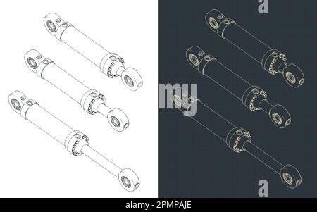 Stylized vector illustration of isometric blueprints of hydraulic cylinder Stock Vector