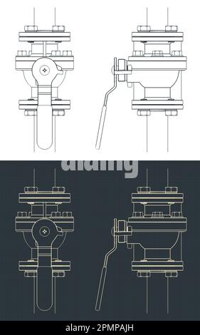 Stylized vector illustration of blueprints of ball valve Stock Vector