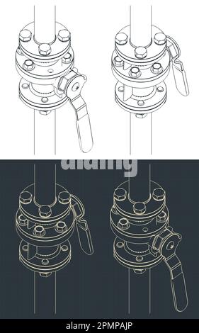 Stylized vector illustration of isometric blueprints of ball valve Stock Vector