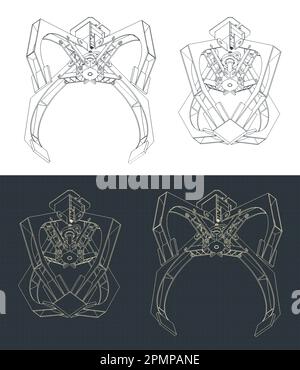 Stylized vector illustration of isometric blueprints of jaw gripper Stock Vector