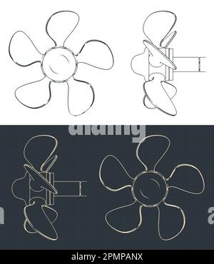 Stylized vector illustration of blueprints of propeller screw with variable blade angle Stock Vector