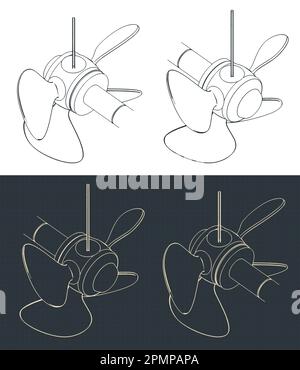 Stylized vector illustration of isometric blueprints of propeller screw with variable blade angle Stock Vector